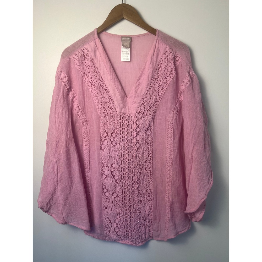 Chico's Tunic Top L/XL Pink Linen Crochet Lace Boho Resort Lagenlook Euro Summer